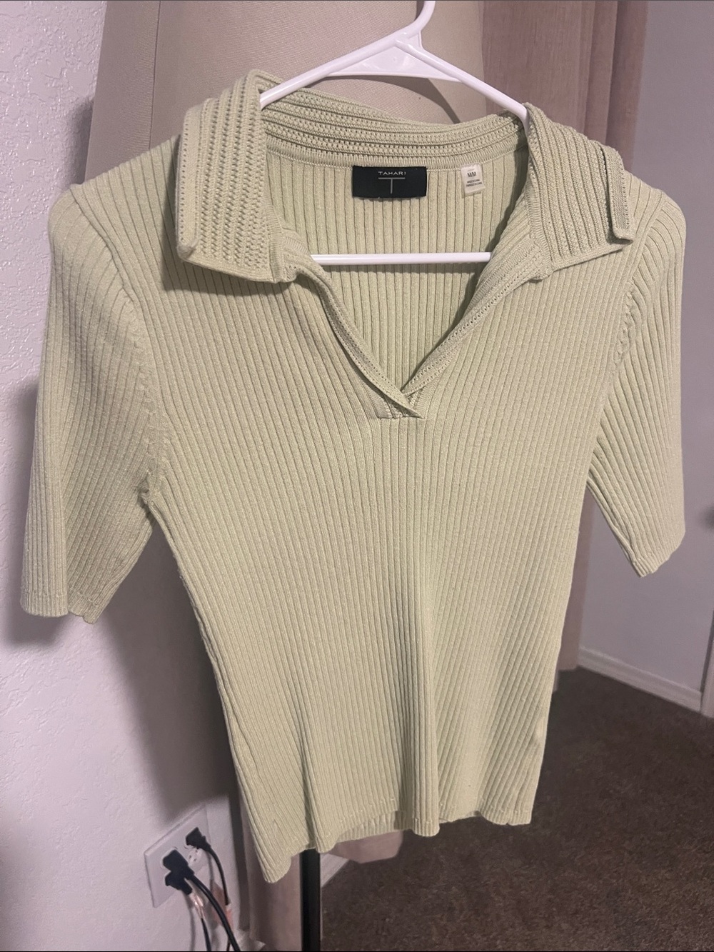 Tahari Light Sage Ribbed Short-Sleeve Polo Top